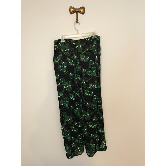Anthropologie Elevenses Navy and Kelly Green Floral Flare Pants - Size 4 - Picture 3 of 13